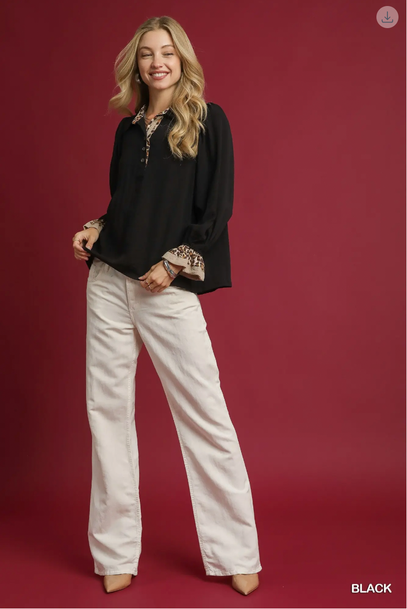 Umgee W LS Leopard Collared Top BLACK