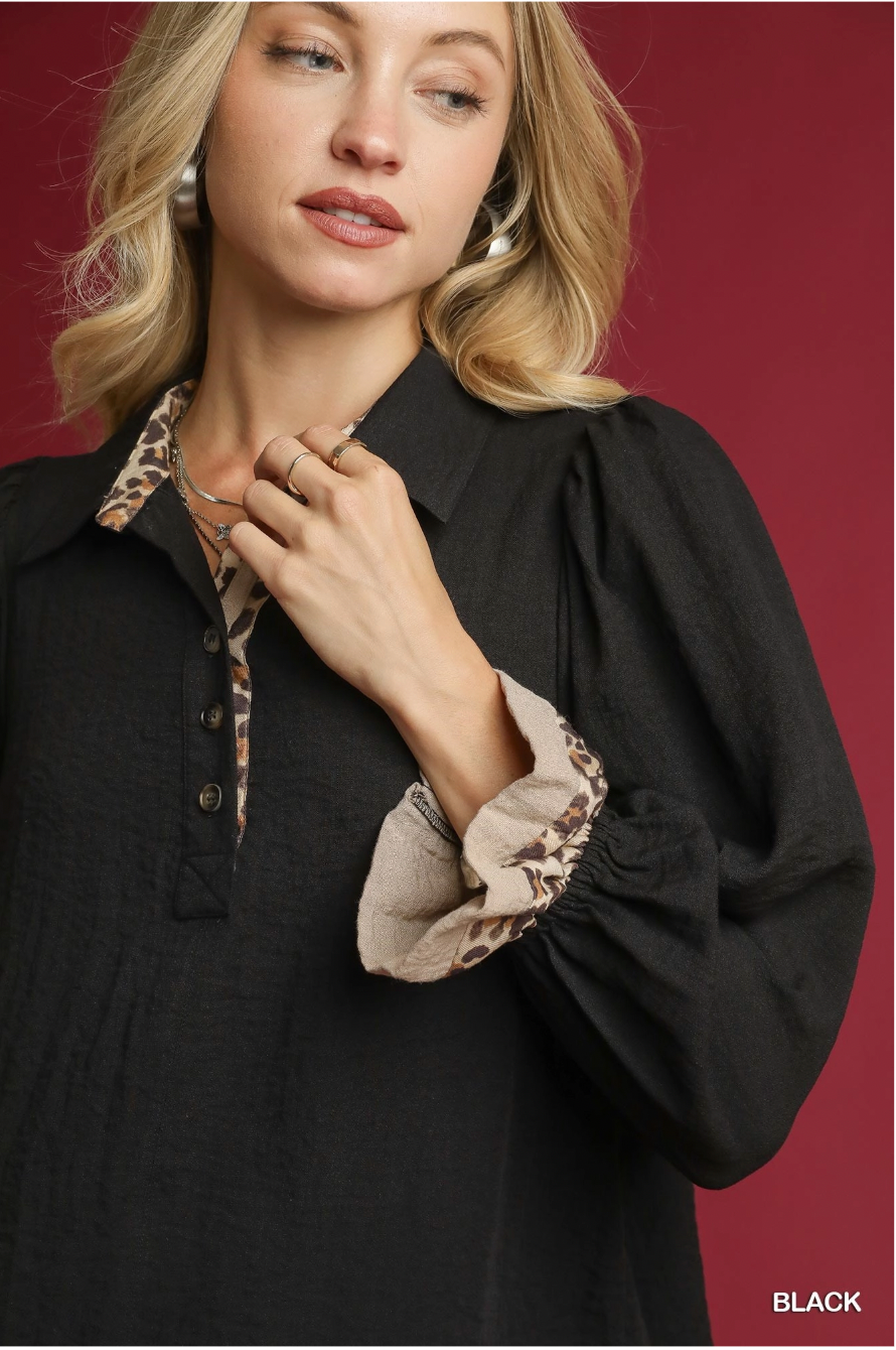 Umgee W LS Leopard Collared Top BLACK