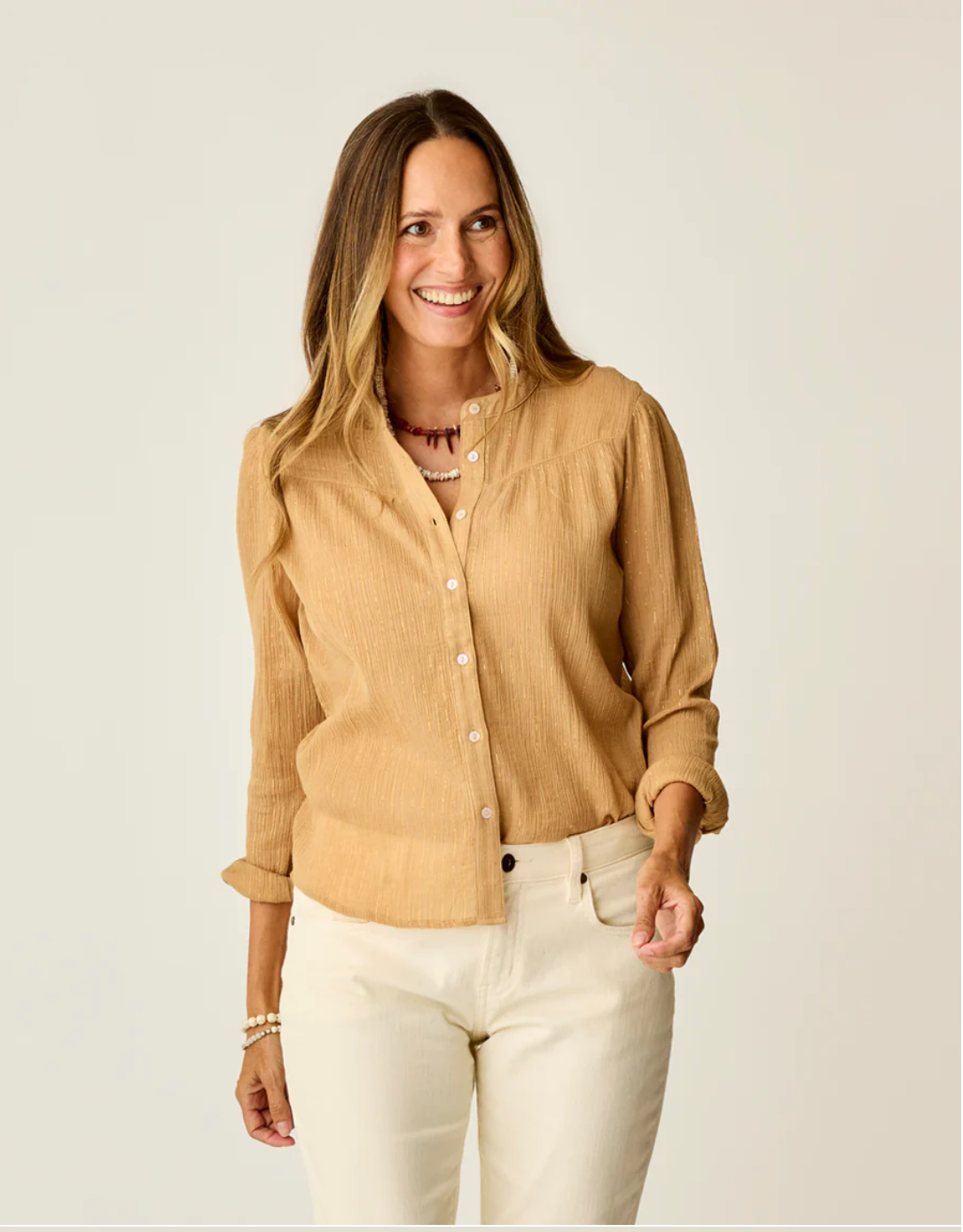 Carve Designs W Tatum Gauze Top CAMEL LUREX