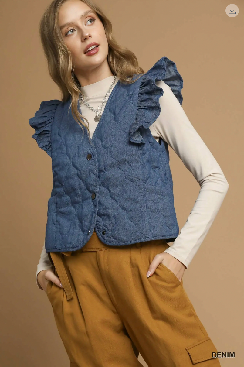 Umgee Ruffle Detail Quilted Vest DENIM