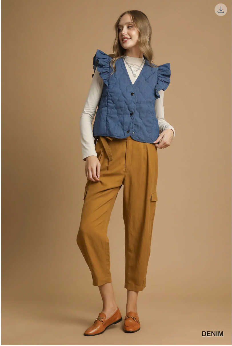 Umgee Ruffle Detail Quilted Vest DENIM