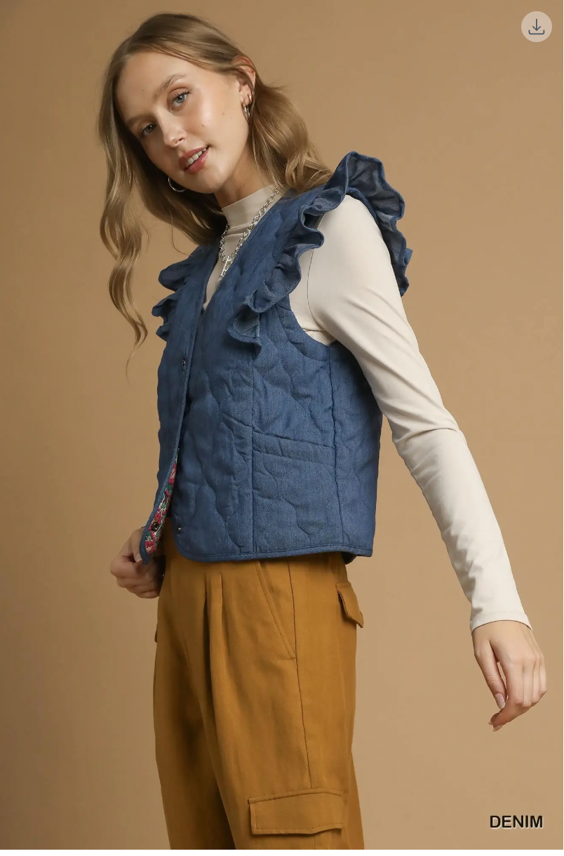 Umgee Ruffle Detail Quilted Vest DENIM