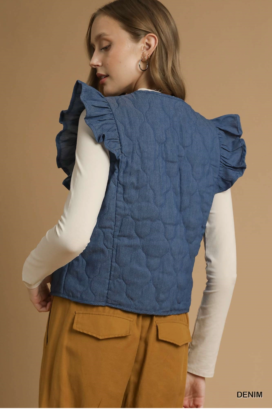 Umgee Ruffle Detail Quilted Vest DENIM