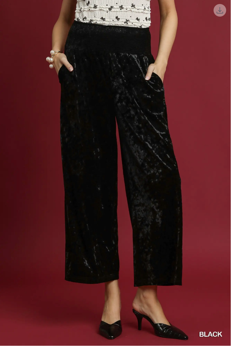 Umgee W Velvet Smocked Waistband Pant BLACK