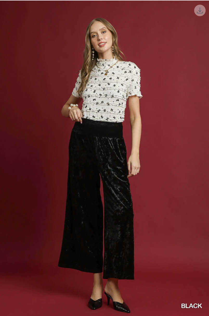 Umgee W Velvet Smocked Waistband Pant BLACK