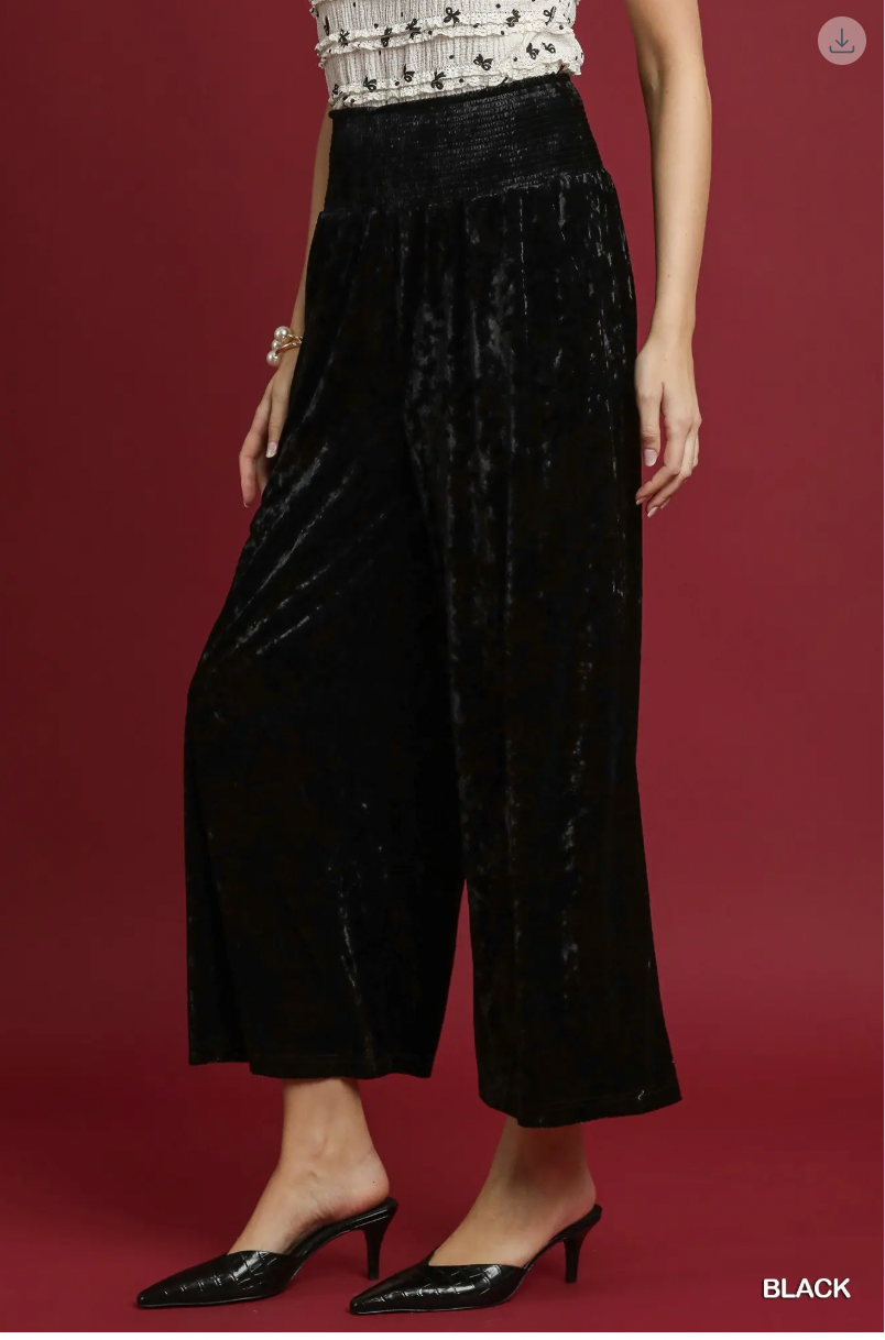 Umgee W Velvet Smocked Waistband Pant BLACK