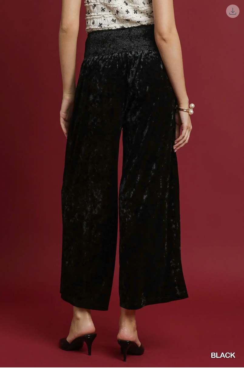 Umgee W Velvet Smocked Waistband Pant BLACK