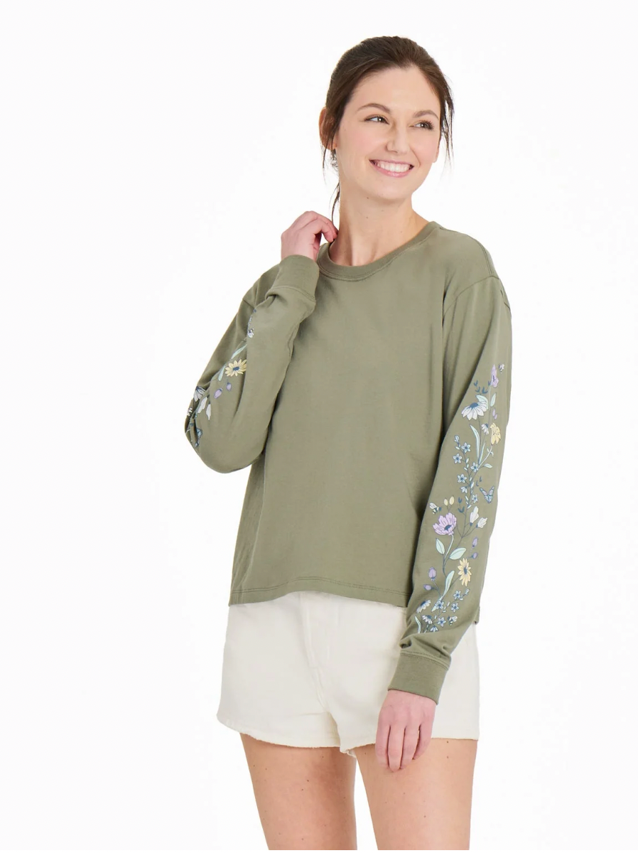 Life is Good W LS Crusher Boxy Tee Wildflowers and Bees MOSS GREEN