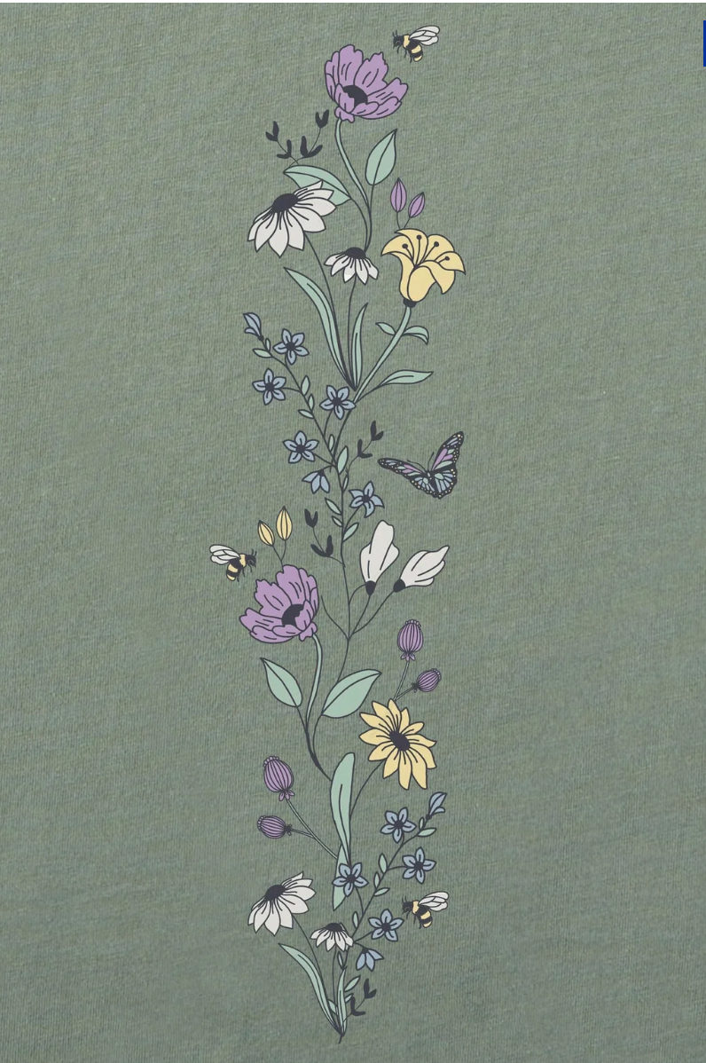 Life is Good W LS Crusher Boxy Tee Wildflowers and Bees MOSS GREEN