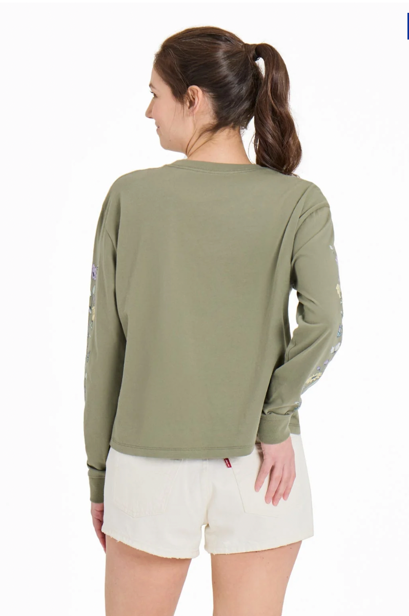 Life is Good W LS Crusher Boxy Tee Wildflowers and Bees MOSS GREEN
