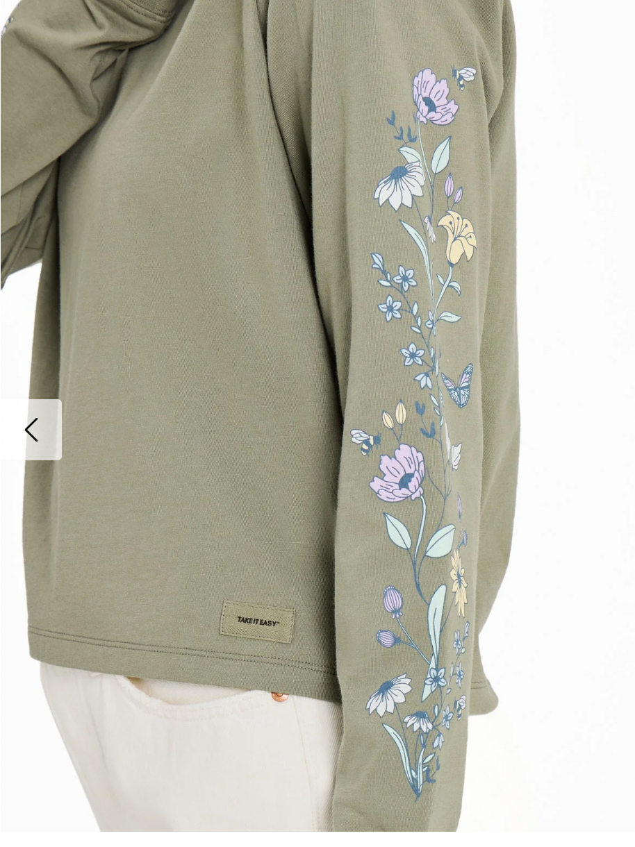 Life is Good W LS Crusher Boxy Tee Wildflowers and Bees MOSS GREEN