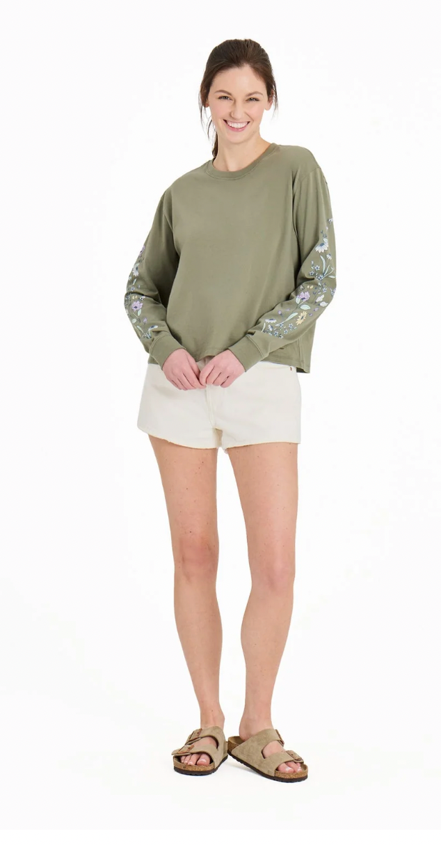 Life is Good W LS Crusher Boxy Tee Wildflowers and Bees MOSS GREEN
