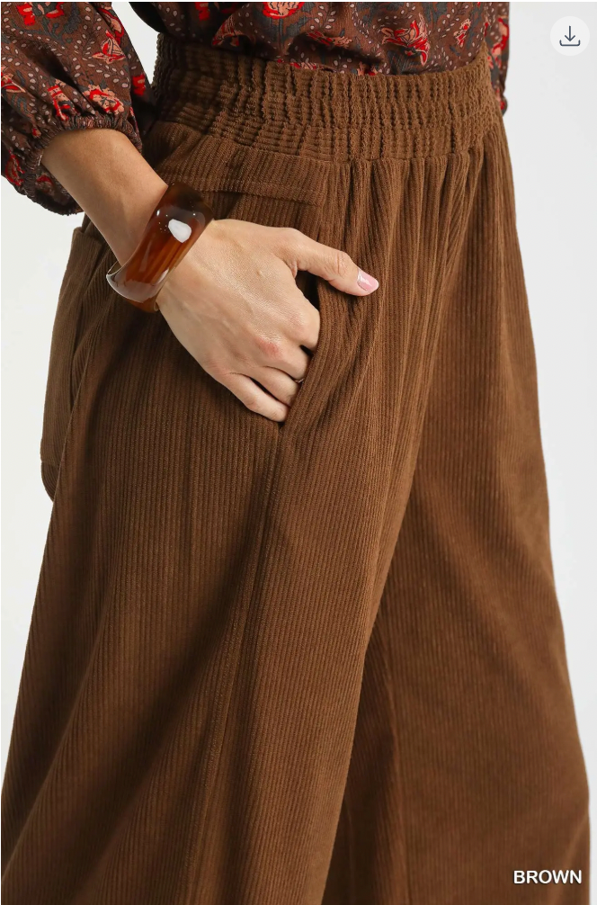 Umgee W Corduroy Wide Leg Pants BROWN