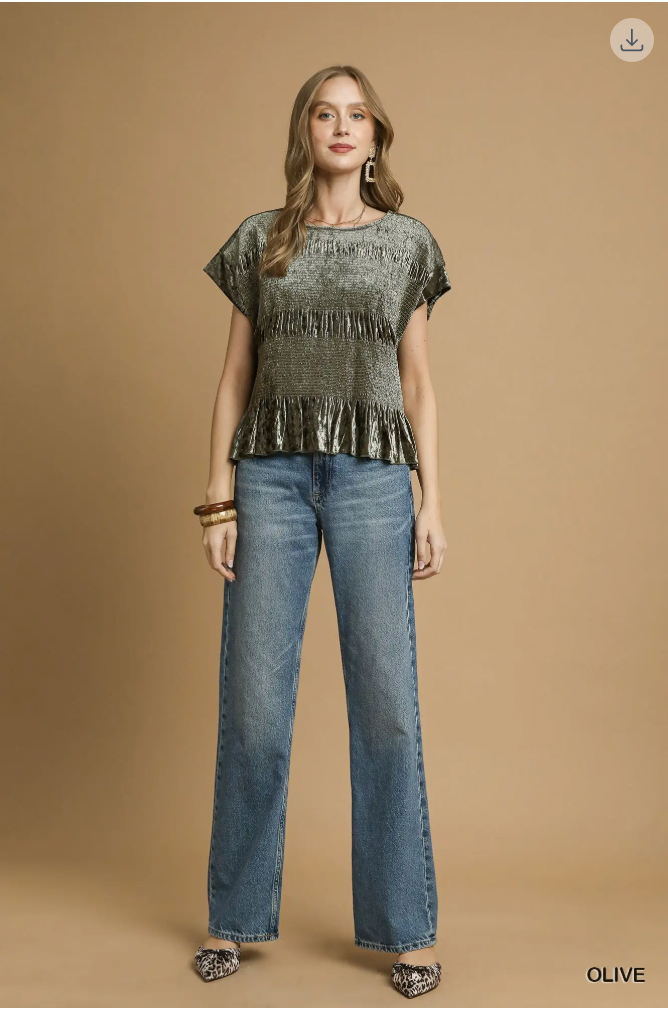 Umgee W Velvet Smocked Blouse OLIVE