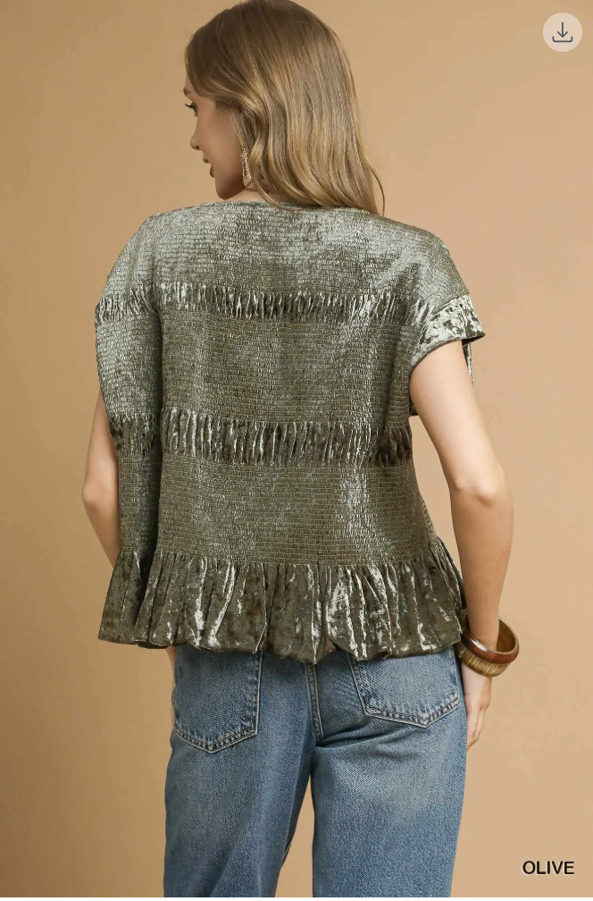 Umgee W Velvet Smocked Blouse OLIVE