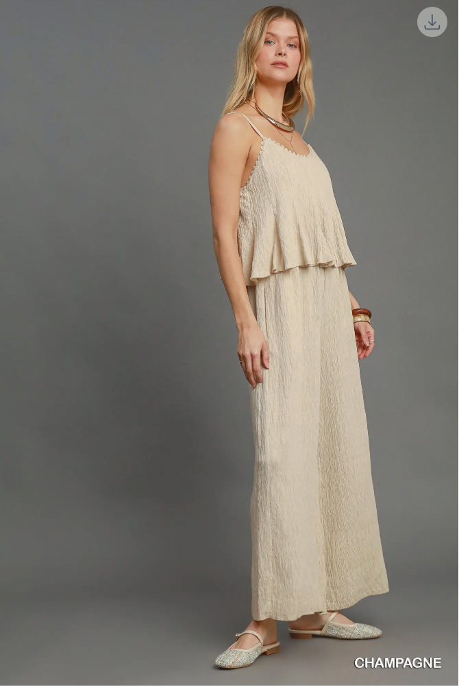 Umgee W V-Neck Jumpsuit CHAMPAGNE