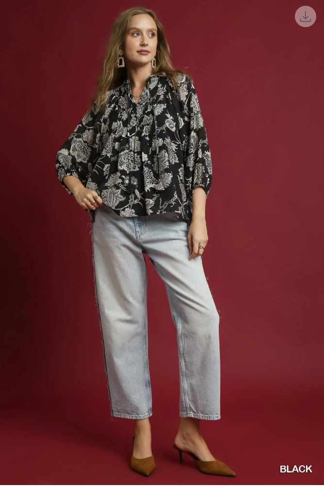 Umgee W Floral Boho Blouse BLACK