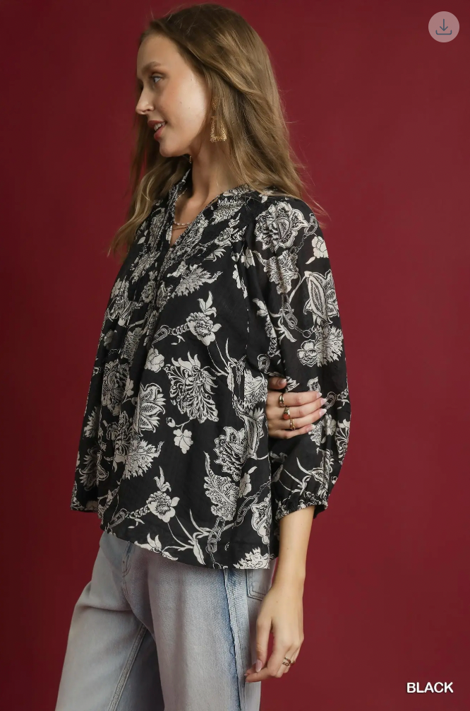 Umgee W Floral Boho Blouse BLACK