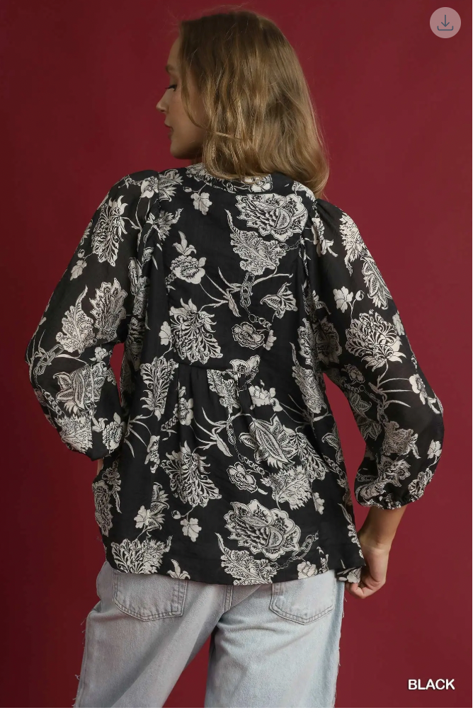 Umgee W Floral Boho Blouse BLACK