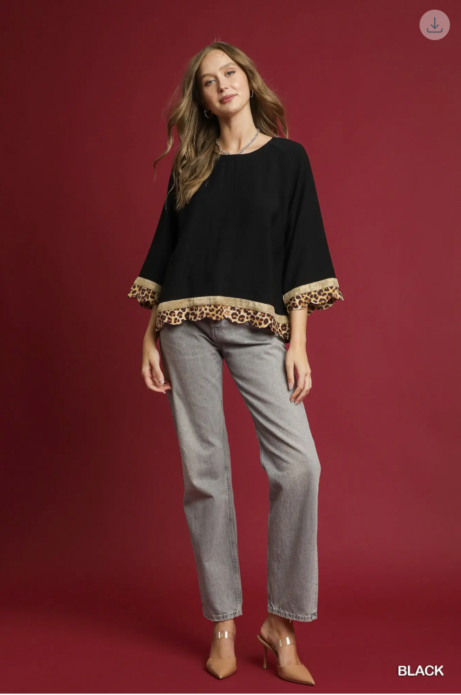 Umgee W Leopard Trim Boho Top BLACK