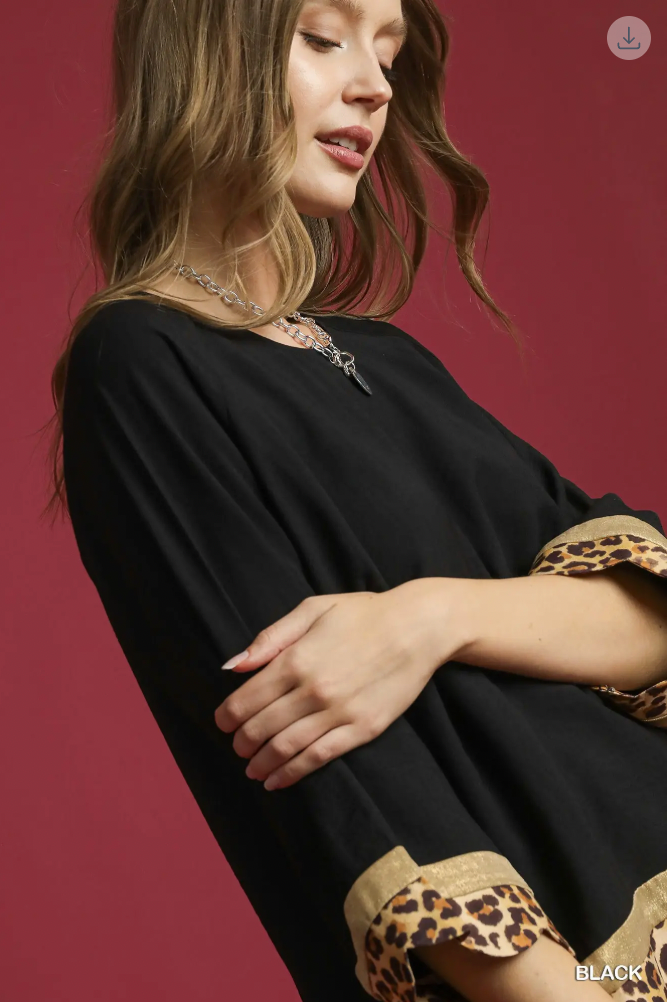 Umgee W Leopard Trim Boho Top BLACK