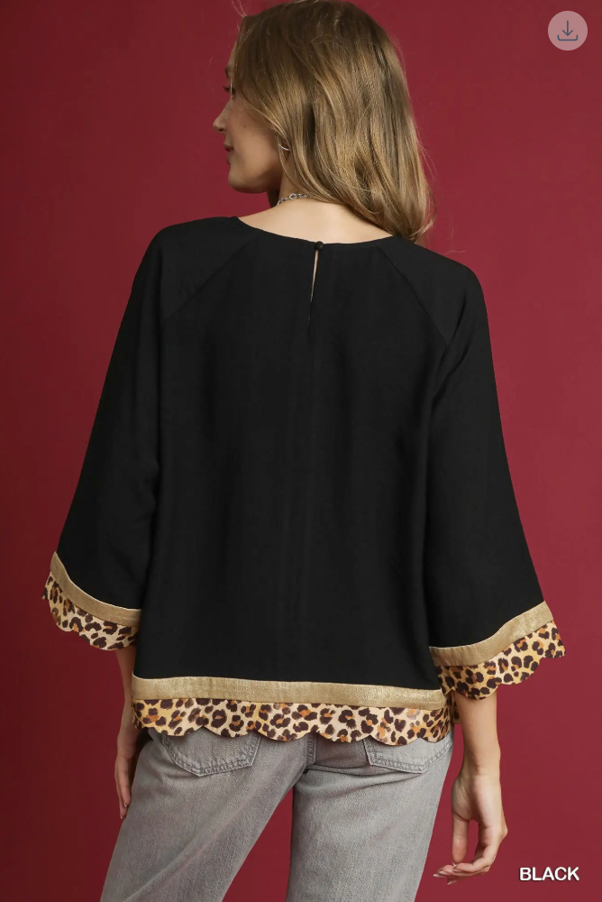 Umgee W Leopard Trim Boho Top BLACK