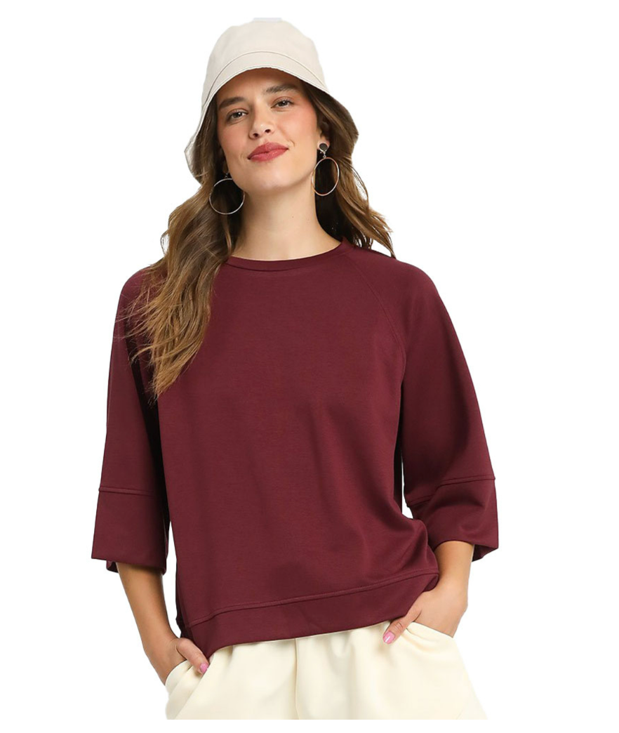 Umgee Luxe Knit Raglan Sleeve Top MAHOGANY