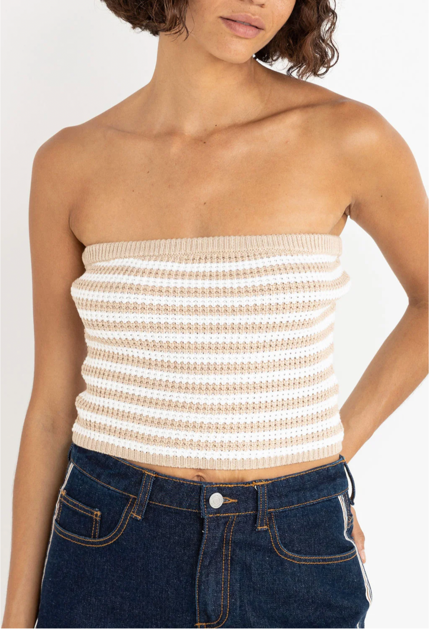 Rhythm W Stripe Strapless Crop Knit Top WHITE / BROWN