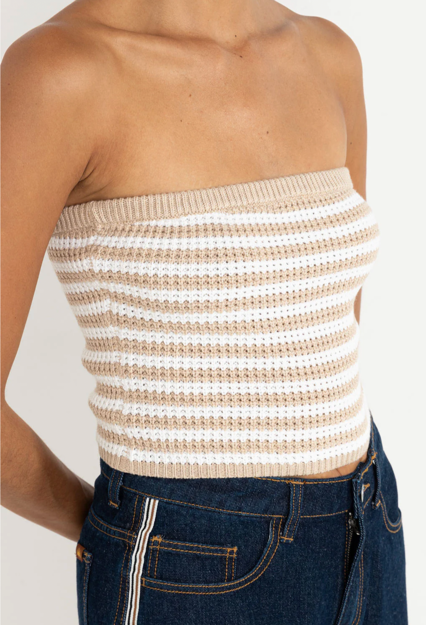 Rhythm W Stripe Strapless Crop Knit Top WHITE / BROWN