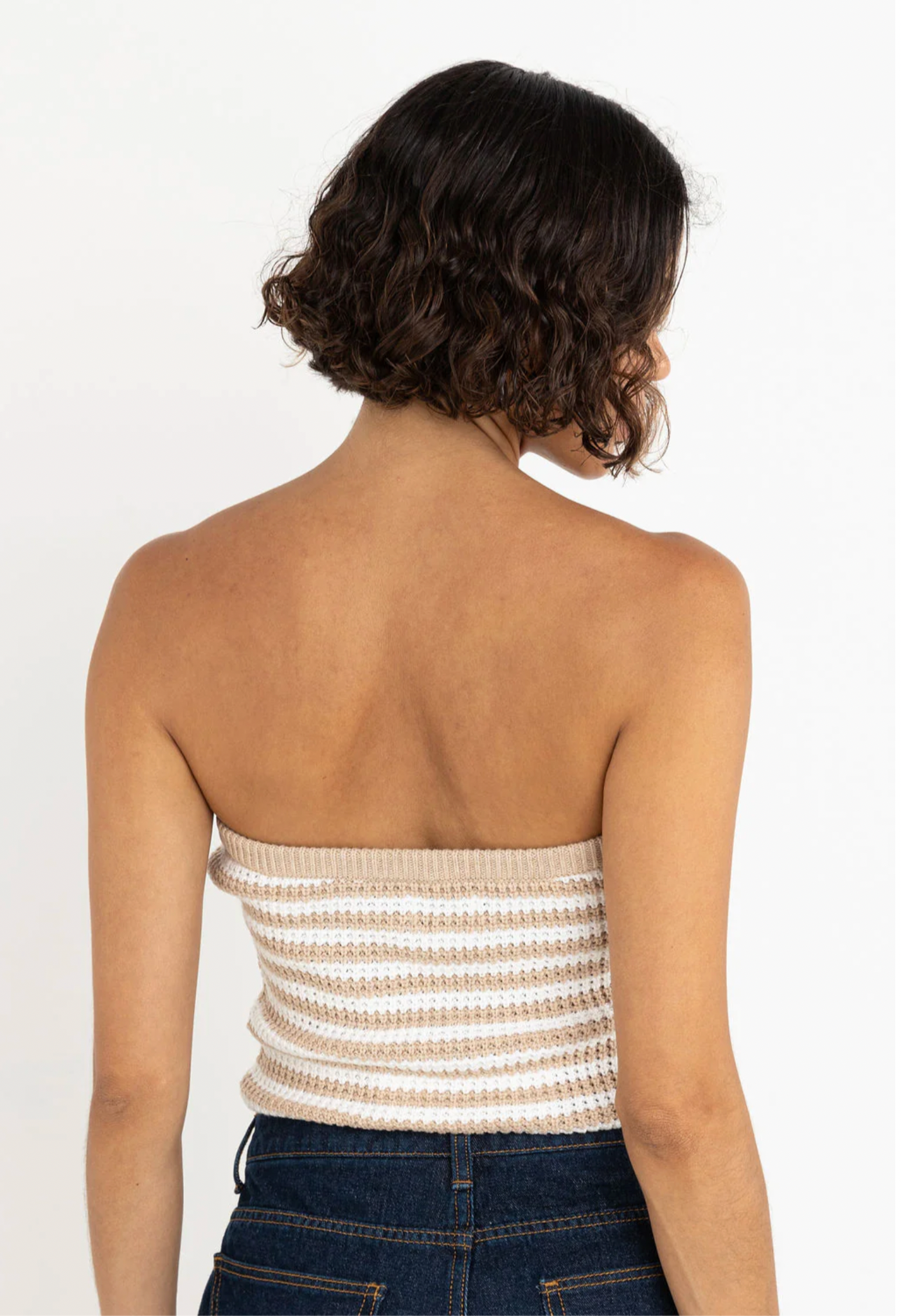 Rhythm W Stripe Strapless Crop Knit Top WHITE / BROWN