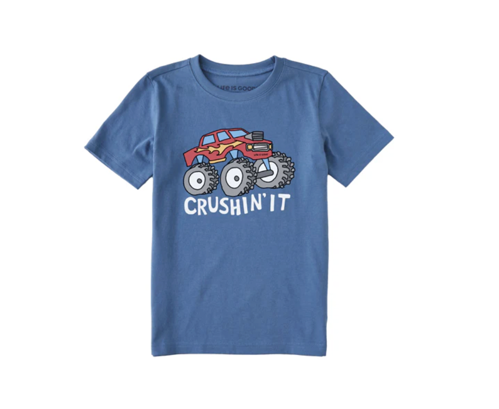 Life Is Good Kids SS Crusher Crushin It Truck Tee VINTAGE BLUE