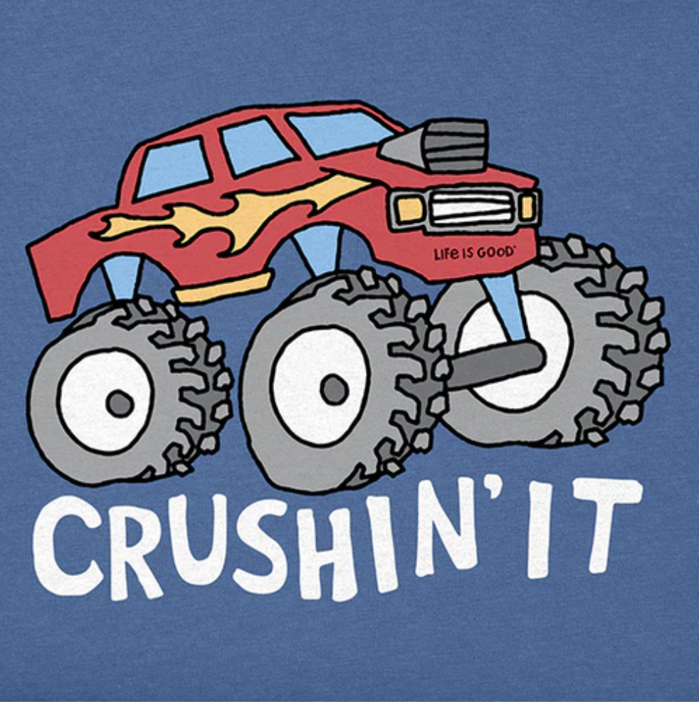 Life Is Good Kids SS Crusher Crushin It Truck Tee VINTAGE BLUE