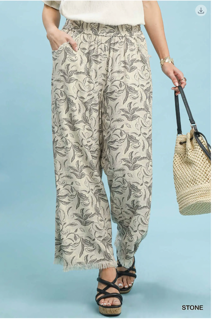 Umgee W Linen Printed Wide Leg Raw Hem Pant STONE