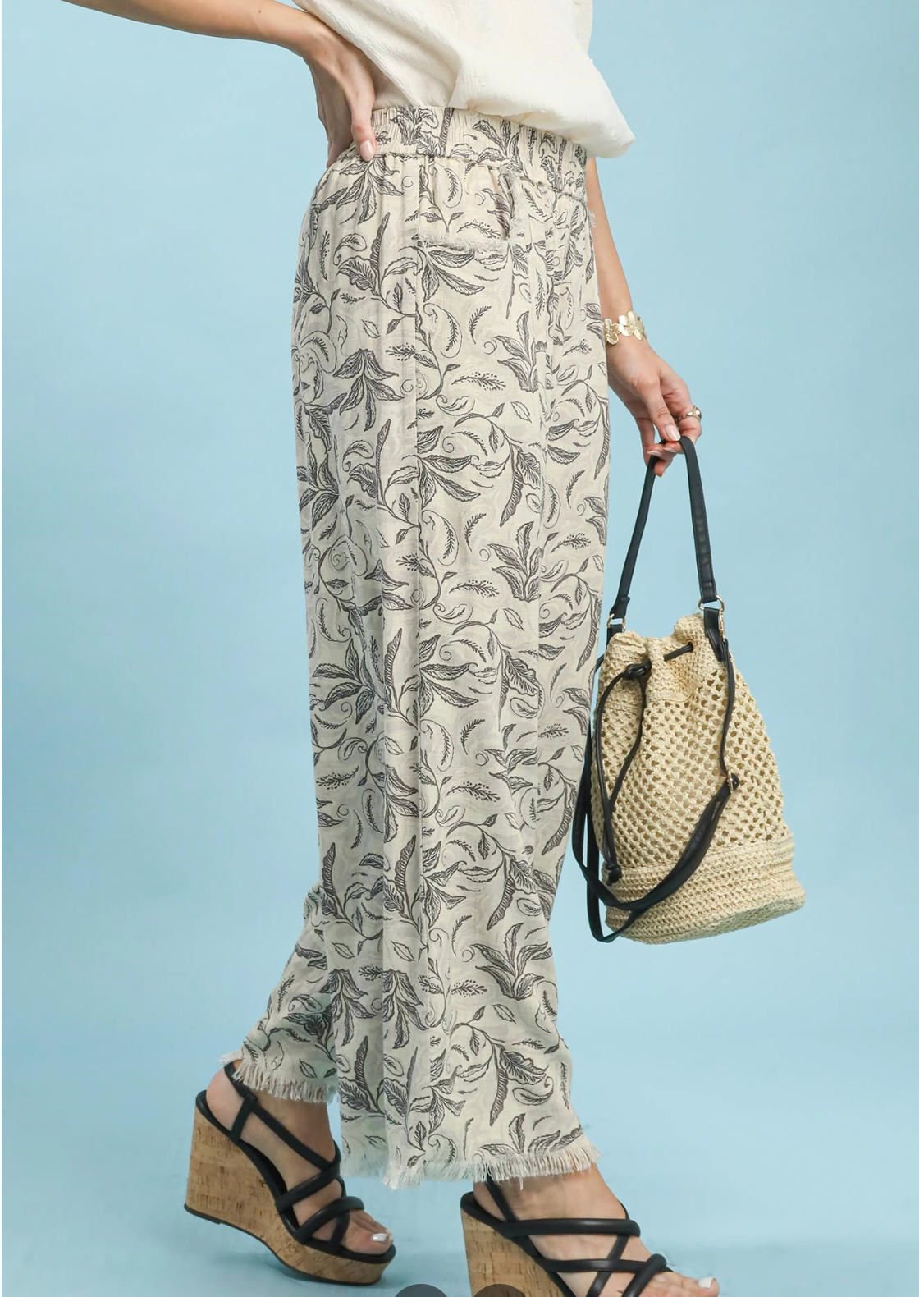 Umgee W Linen Printed Wide Leg Raw Hem Pant STONE