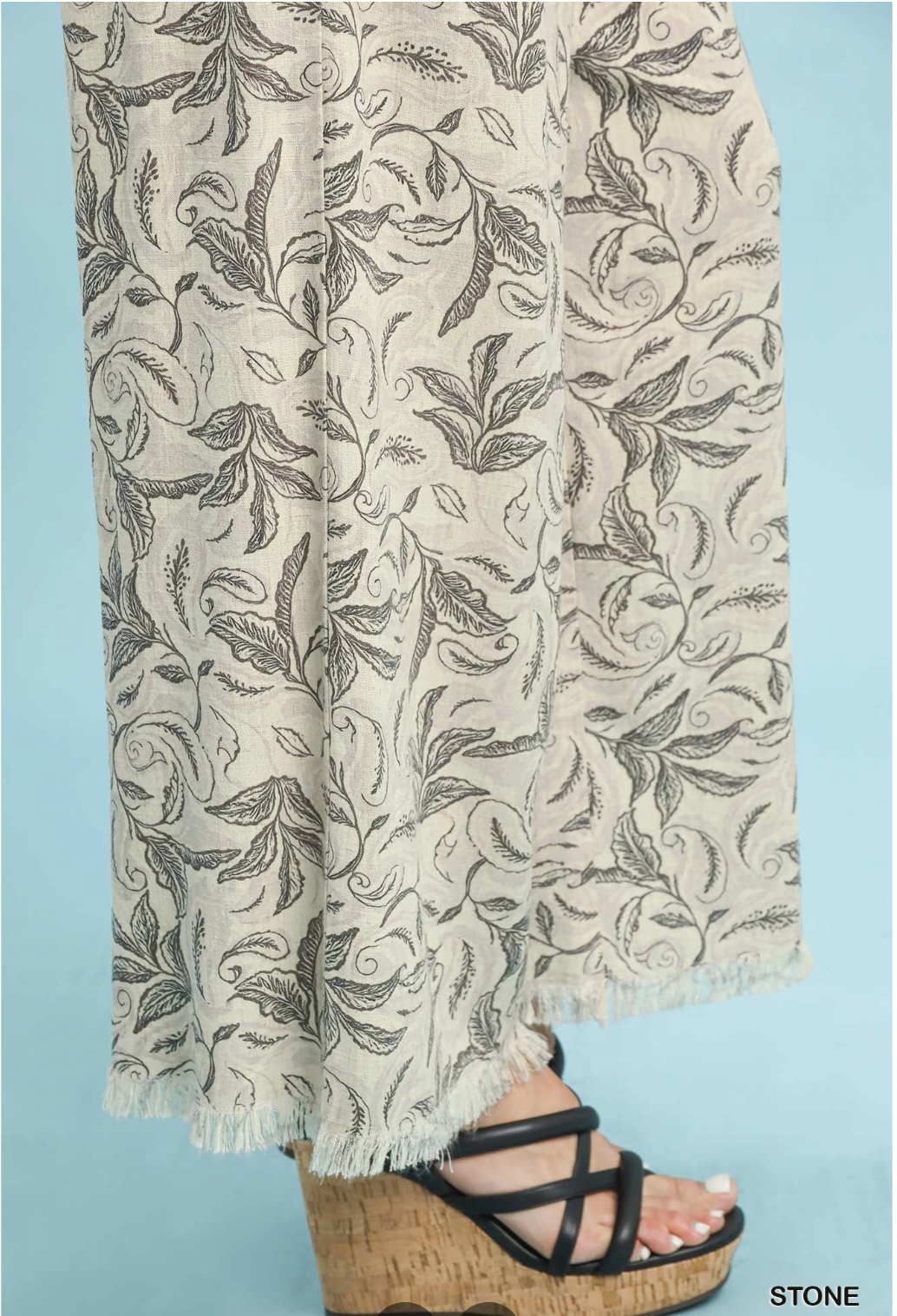 Umgee W Linen Printed Wide Leg Raw Hem Pant STONE