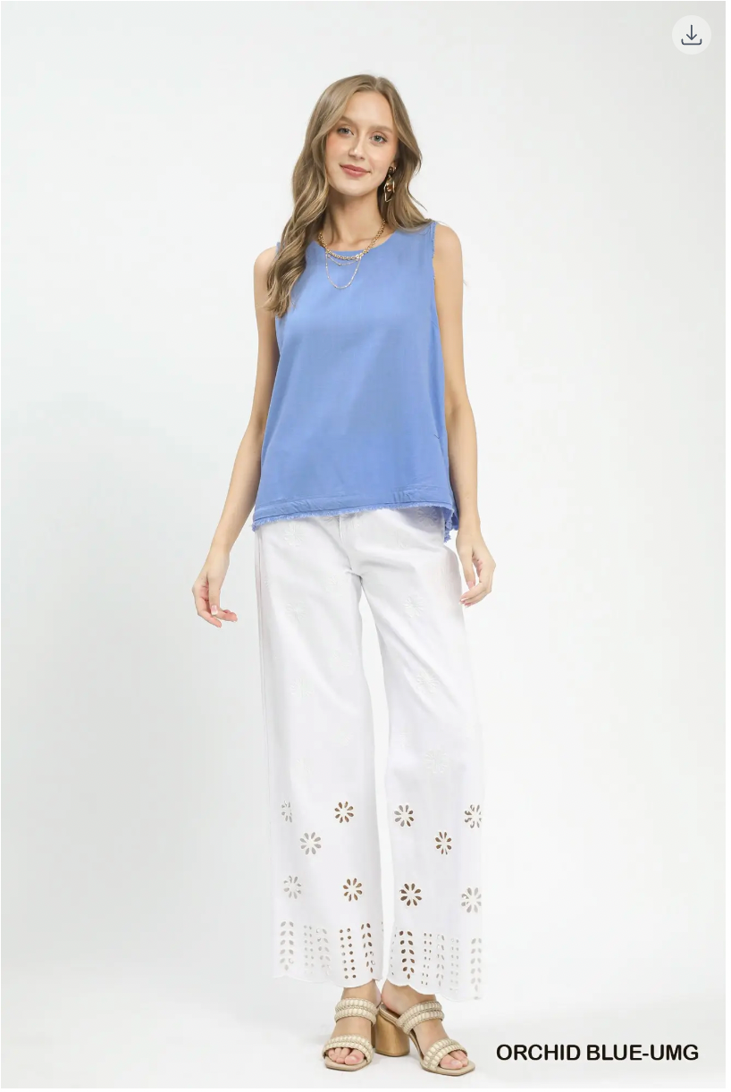 Umgee W Linen Fray Tank ORCHID BLUE