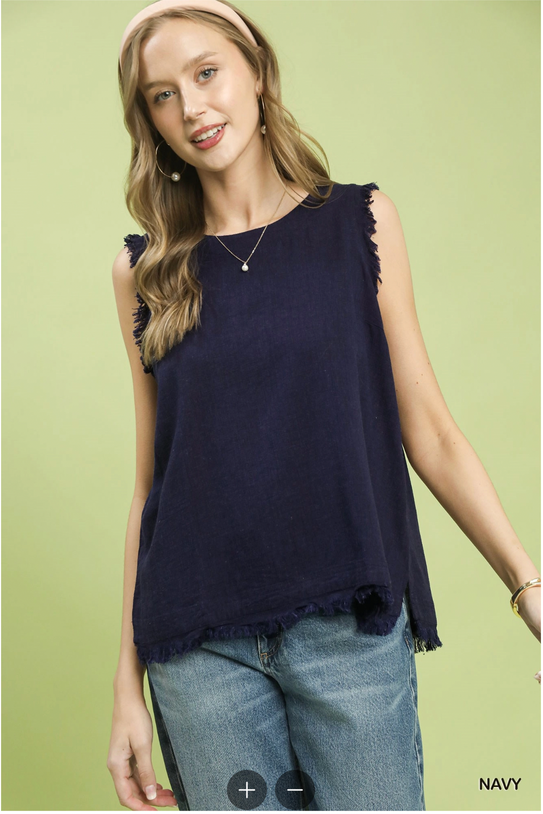 Umgee W Linen Fray Tank NAVY