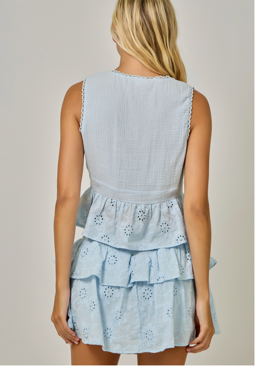 Mystree W Gauze Eyelet Lace Peplum Blouse BLUE