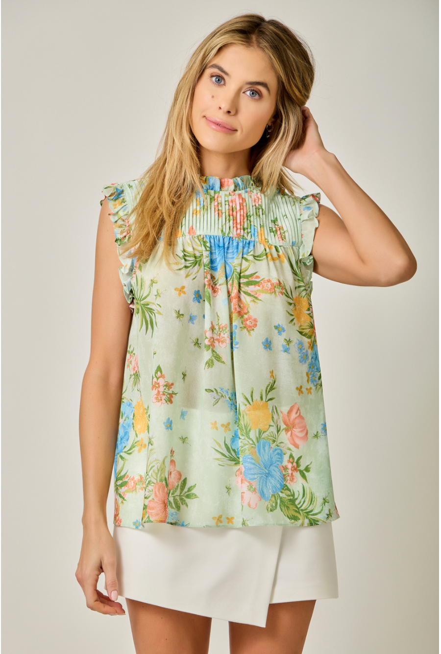 Mystree W Sleeveless Ruffled Floral Top PISTACHIO