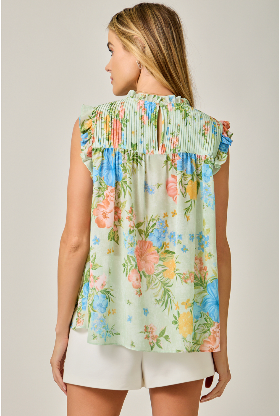 Mystree W Sleeveless Ruffled Floral Top PISTACHIO