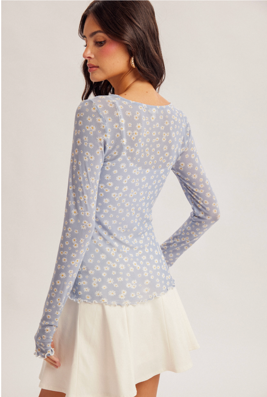 Hem & Thread W LS Daisy Mesh Scoop Neck Top BLUE