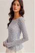 Hem & Thread W LS Daisy Mesh Scoop Neck Top BLUE