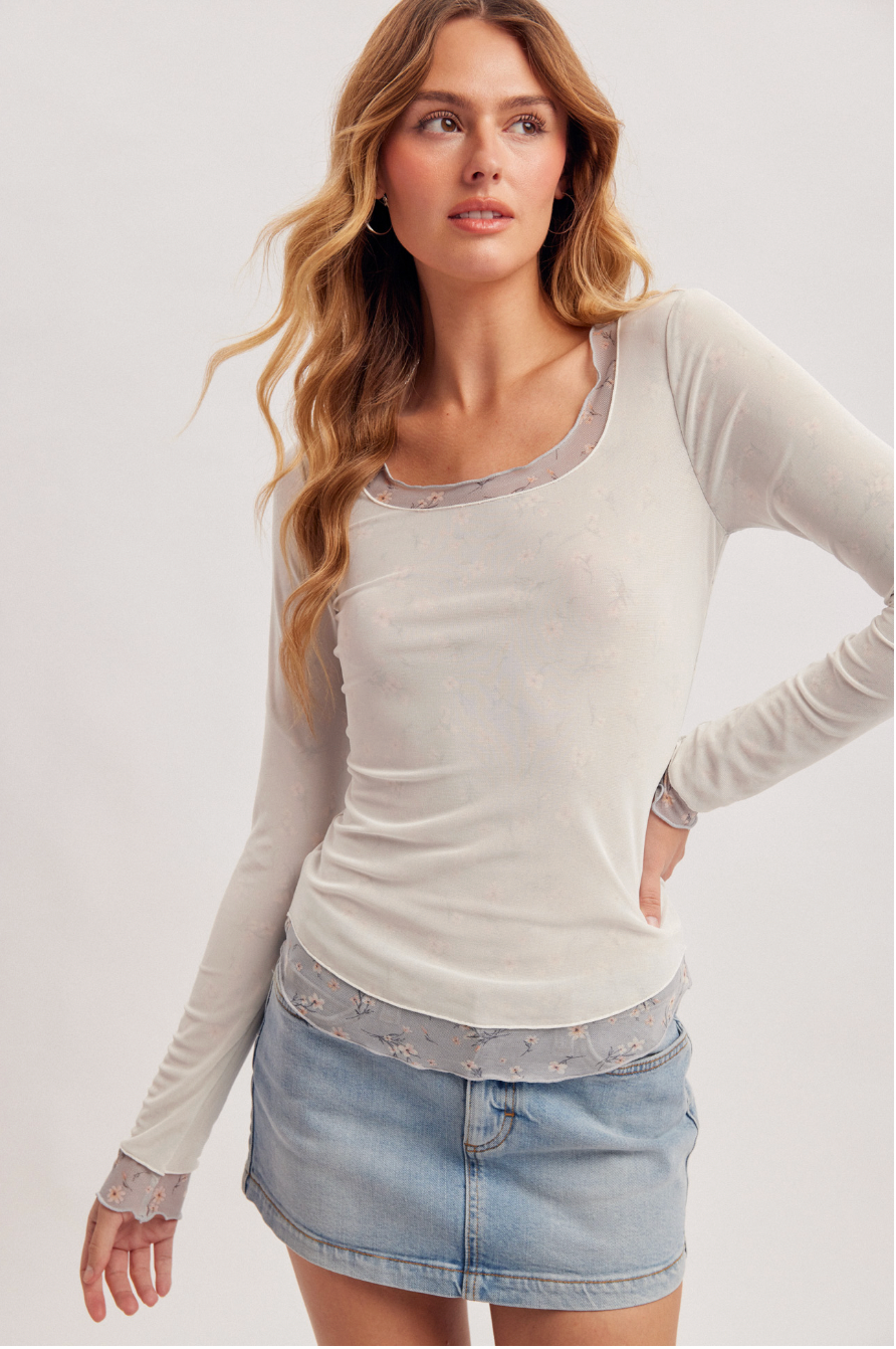 Hem & Thread W LS Mesh Two-Fer Top WHITE/DUST BLUE