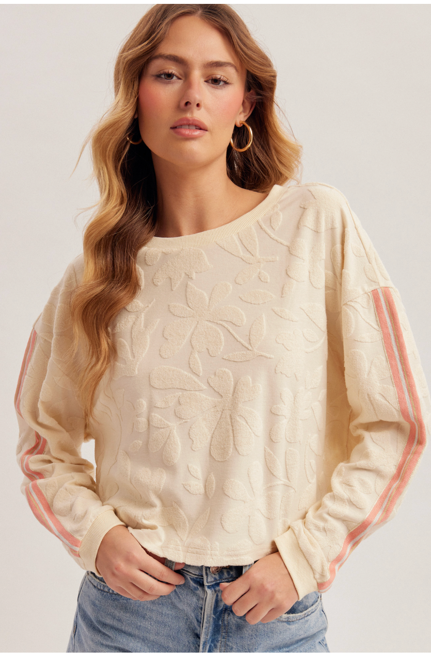 Hem & Thread W LS Tropical Terry Embossed Top ECRU