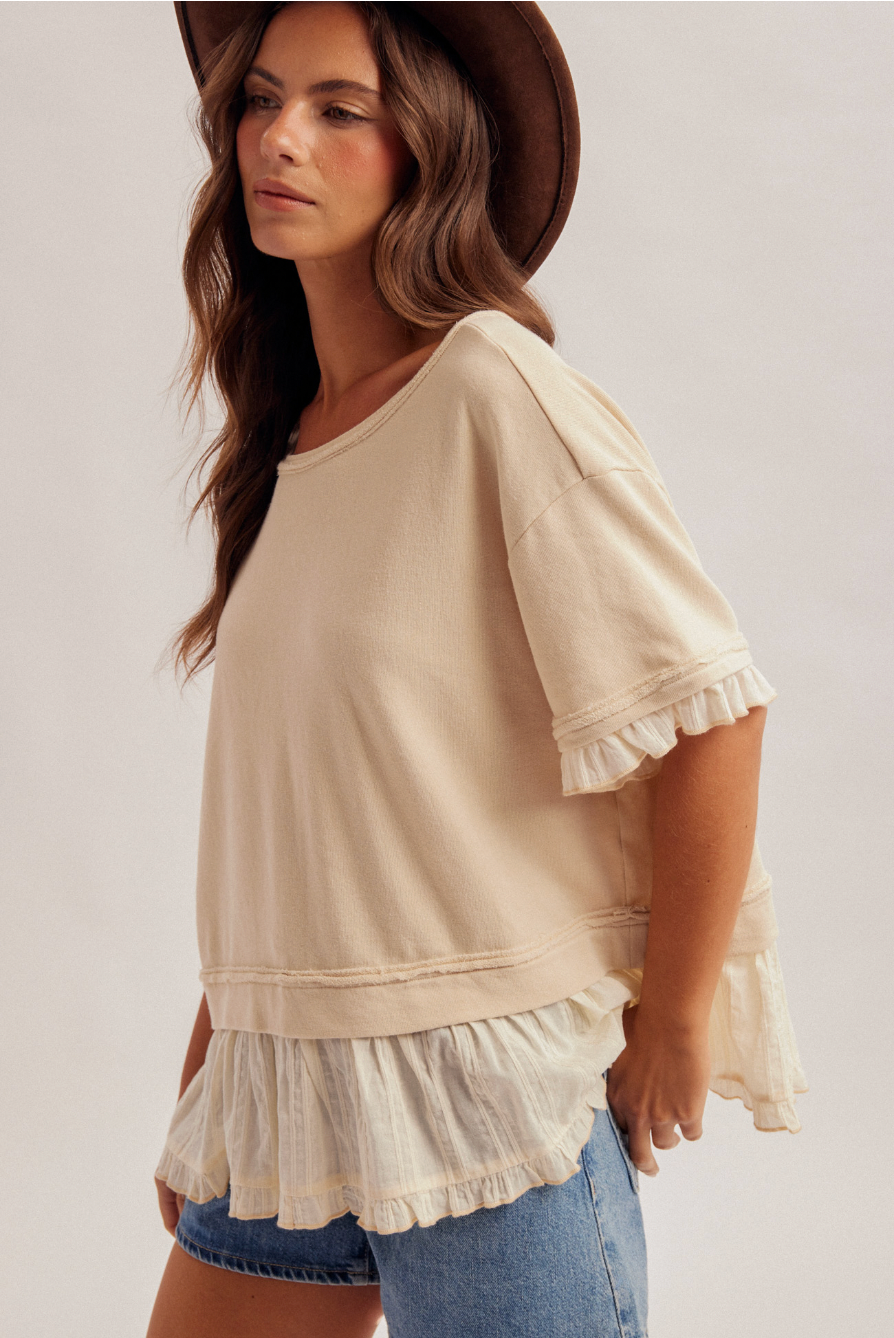 Hem & Thread W Ruffle Layered Terry Top NATURAL