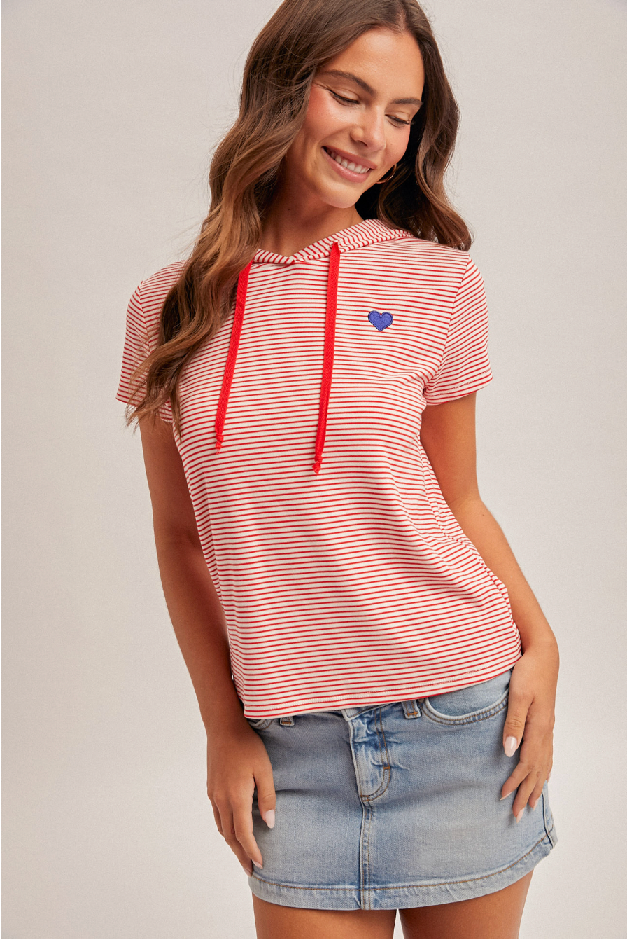Hem & Thread W SS Striped Heart Hoodie Top RED