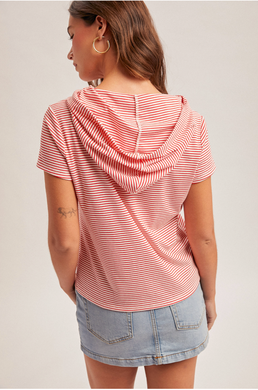 Hem & Thread W SS Striped Heart Hoodie Top RED