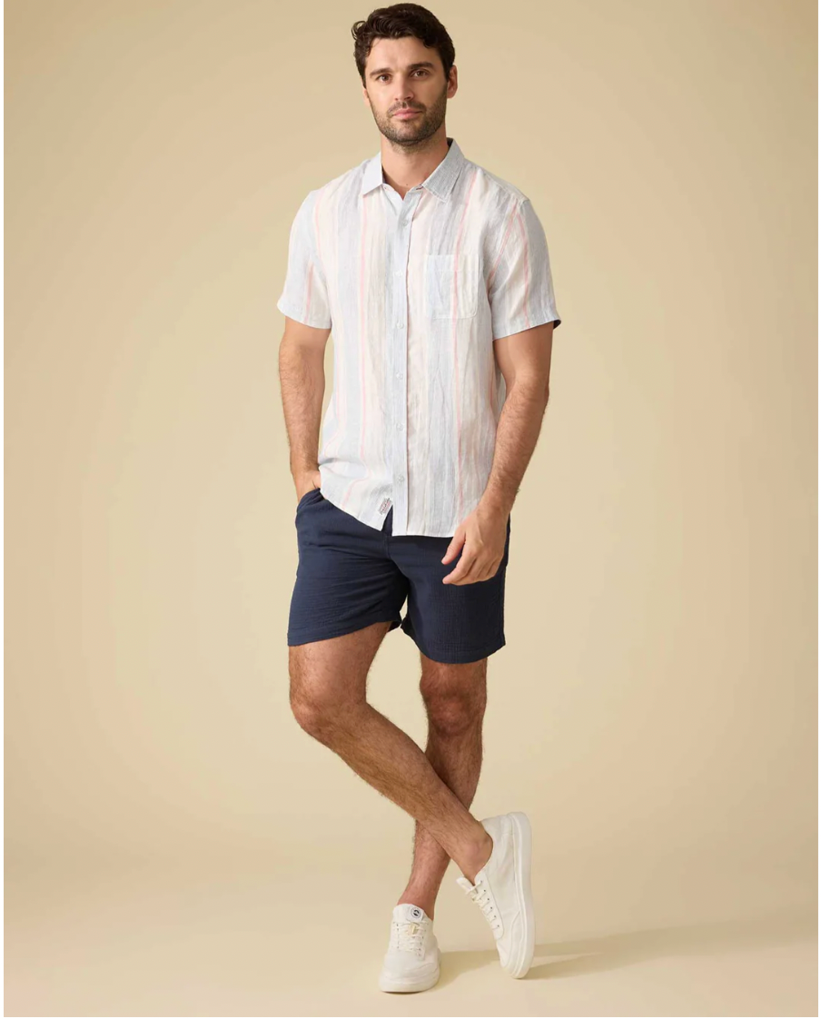Flag & Anthem M SS Brent Stripe Linen Shirt WHITE / PINK / BLUE