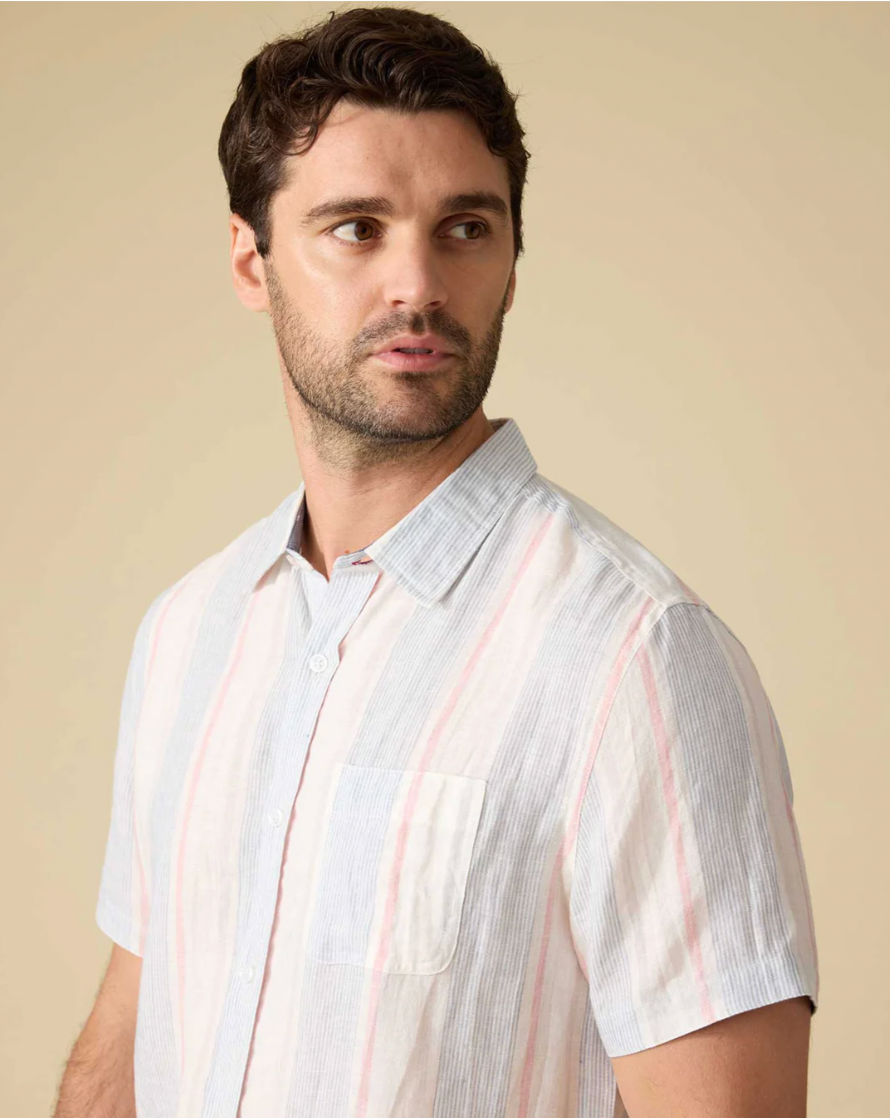 Flag & Anthem M SS Brent Stripe Linen Shirt WHITE / PINK / BLUE