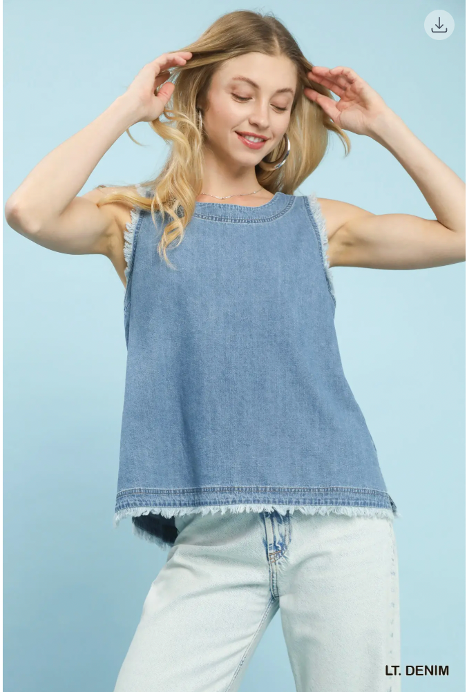 Umgee W Denim Sleeveless Button Back Top LT DENIM